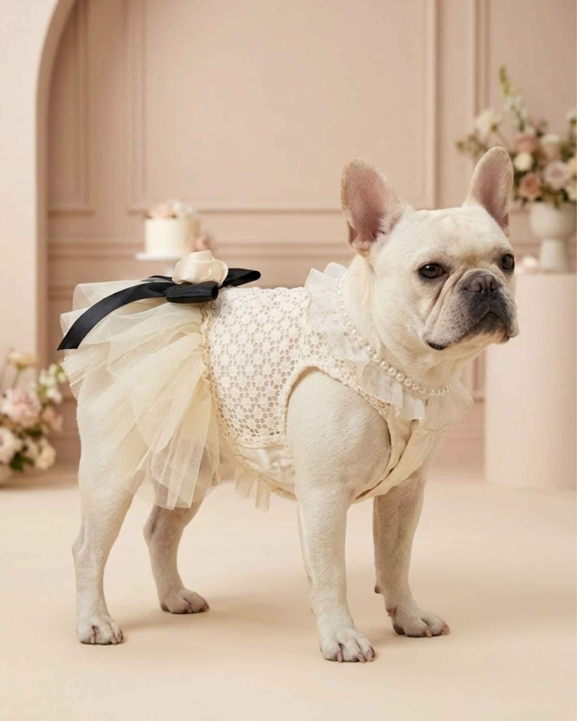 Cream French Bulldog modelling an ivory lace and tulle pet dress with a black bow in an elegant blush celebration setting.