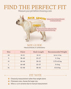 Pet dress size guide showing how to measure a French Bulldog’s chest girth and back length, with sizes XS to XL.