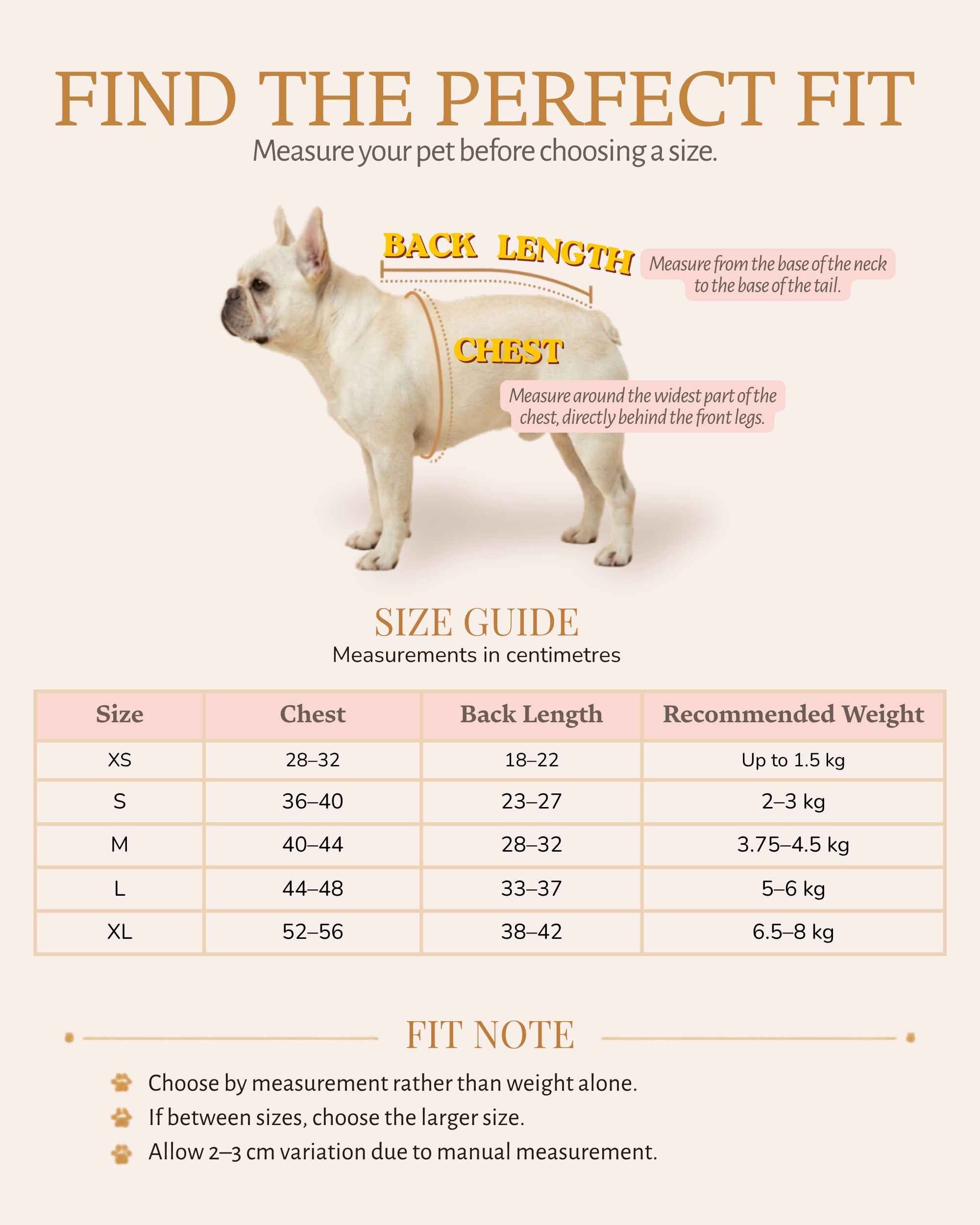 Pet dress size guide showing how to measure a French Bulldog’s chest girth and back length, with sizes XS to XL.