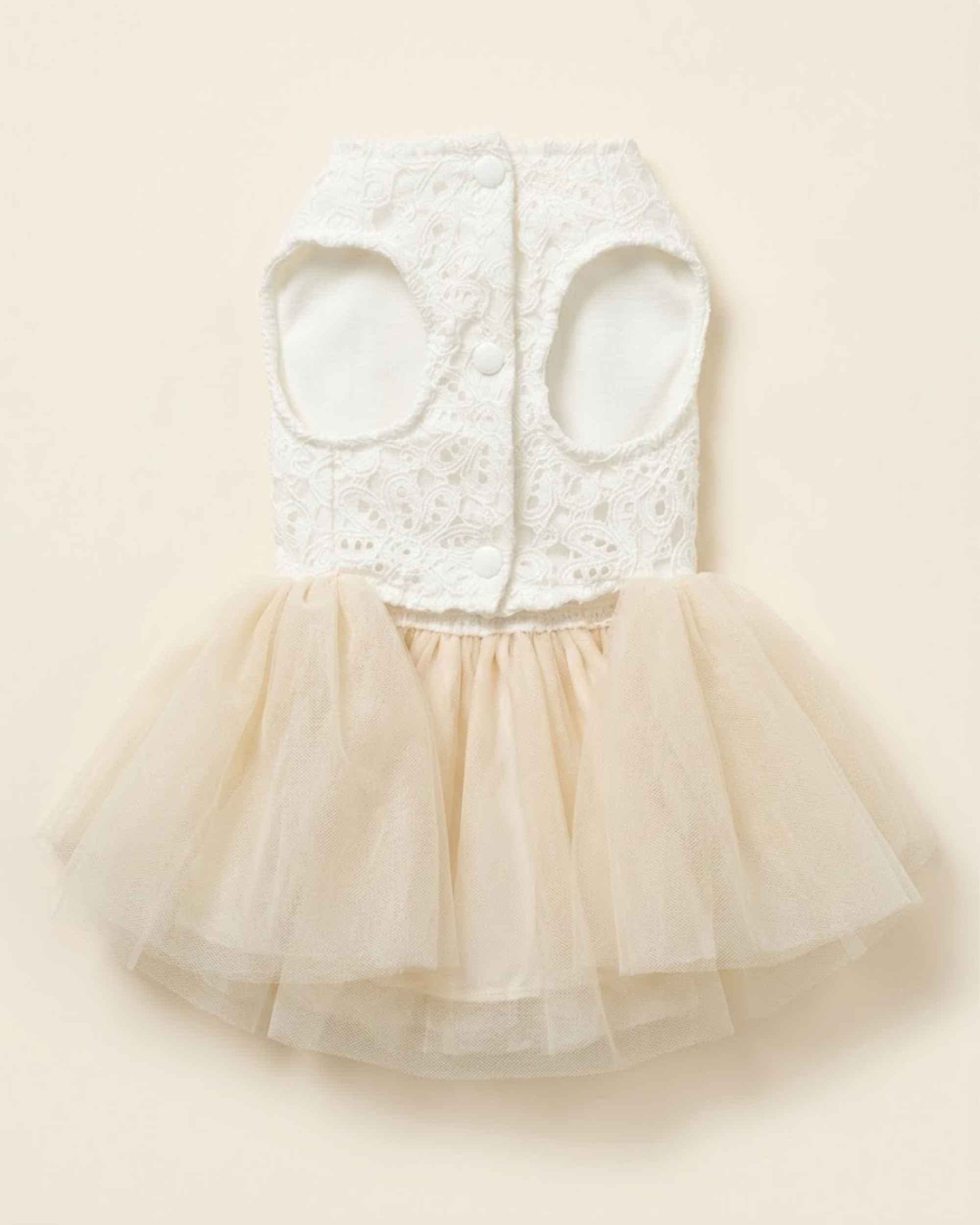 Front closure flat lay of an ivory lace pet dress with two leg openings, three white snap buttons and a layered ivory tulle skirt.