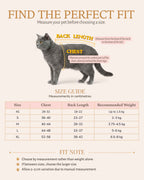 Cat clothing size guide showing how to measure chest girth and back length, with pet dress sizes XS to XL in centimetres.