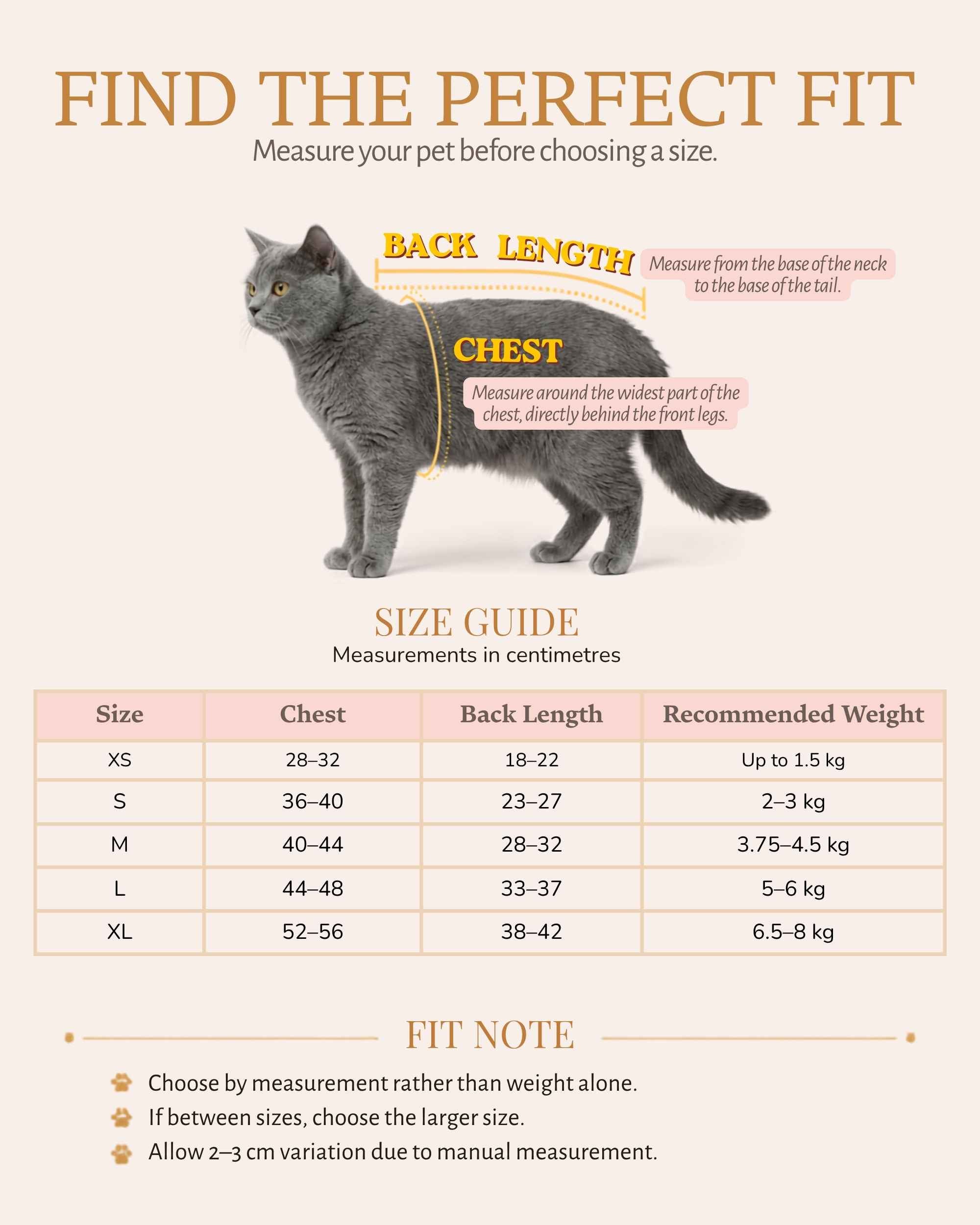 Cat clothing size guide showing how to measure chest girth and back length, with pet dress sizes XS to XL in centimetres.