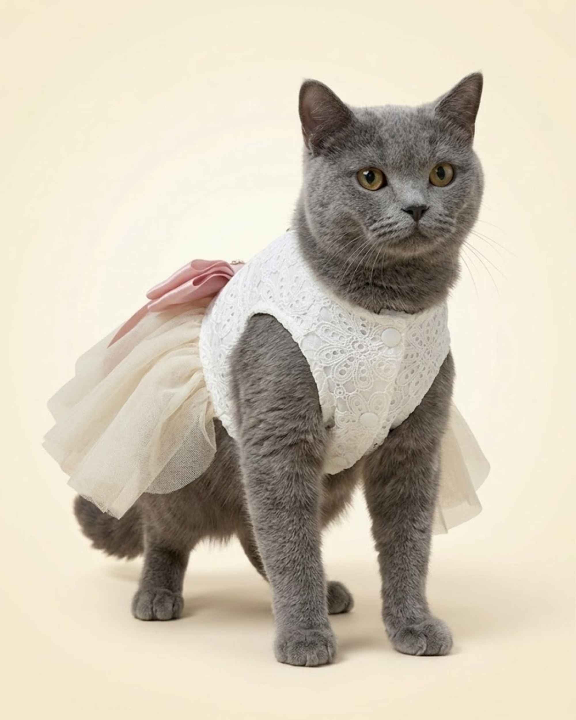 Grey cat wearing an ivory lace pet dress with a blush pink bow and layered tulle skirt, shown from a rear three-quarter angle.