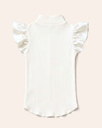 Back-side flat lay of the ivory micro-rib pet turtleneck with a petite mock neck and two pearl-white satin ruffles.