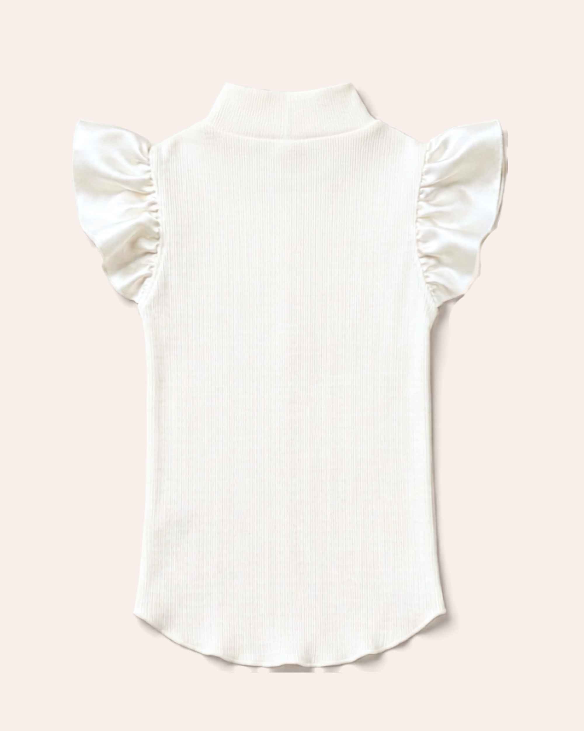 Back-side flat lay of the ivory micro-rib pet turtleneck with a petite mock neck and two pearl-white satin ruffles.
