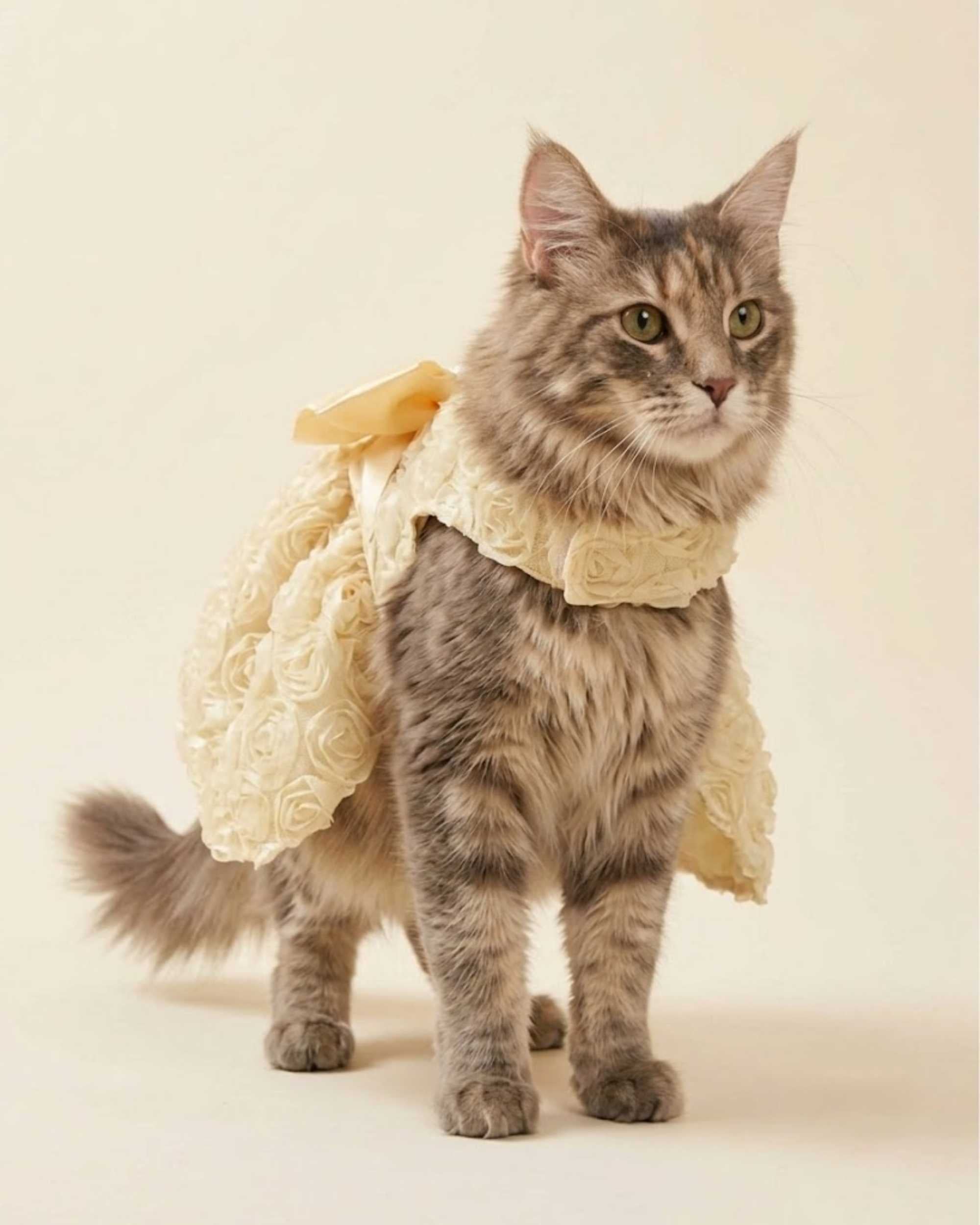 Front three-quarter view of a cat wearing the rose lace pet dress, highlighting the hook-and-loop chest closure and single leg opening.