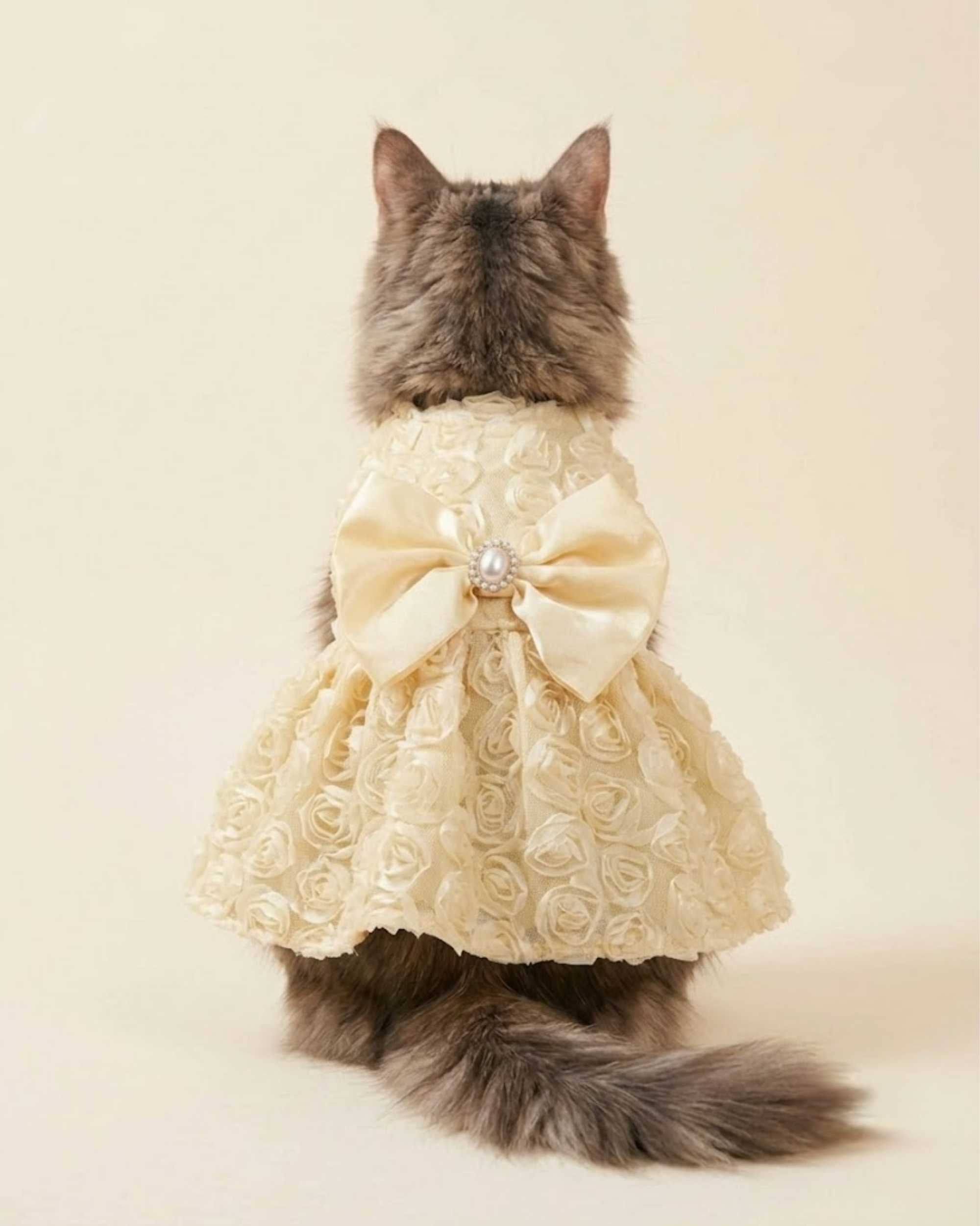 Rear view of a cat wearing the luxury rose lace pet dress, showing the satin skirt volume and large back pearl bowknot detail.
