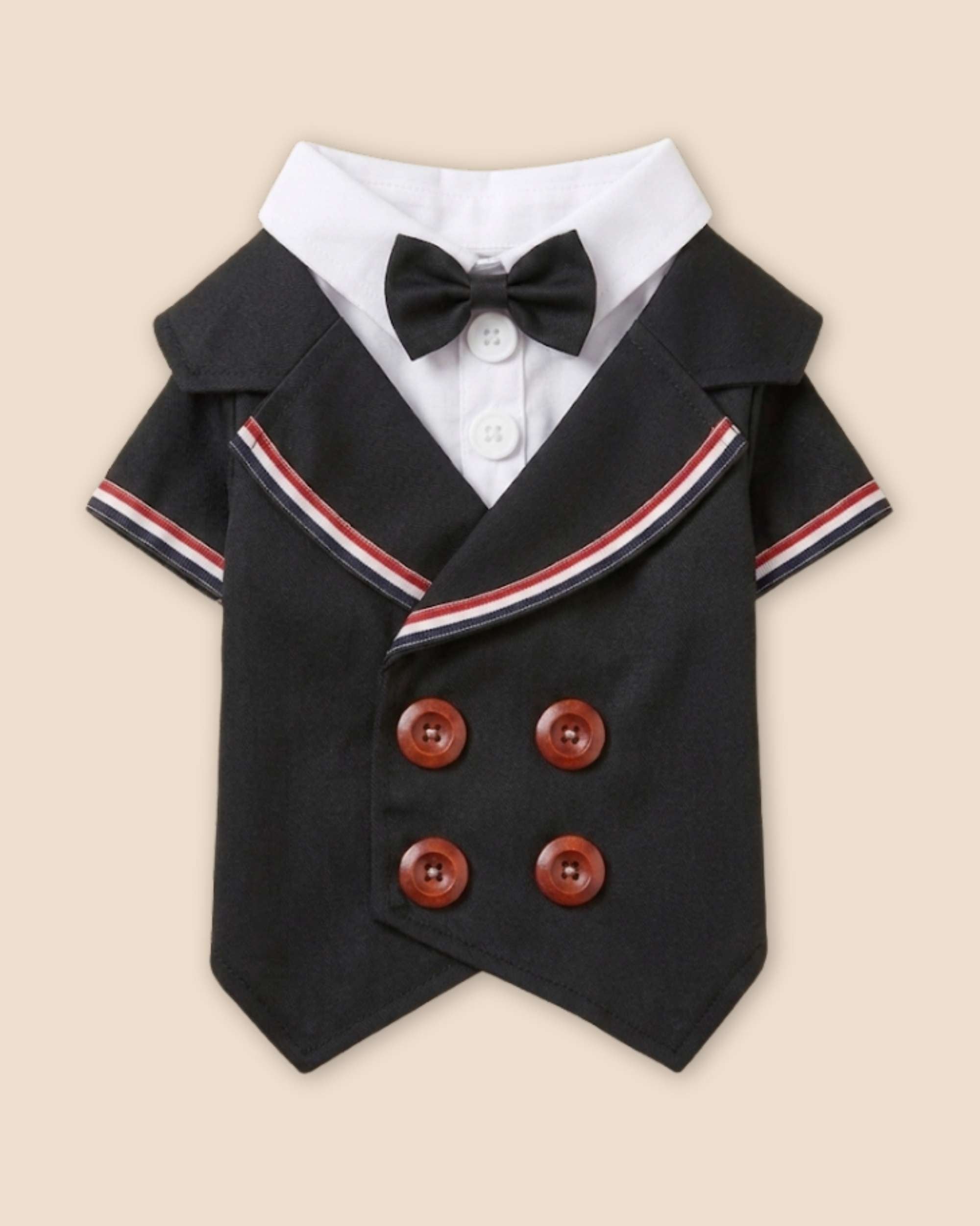 Decorative-side flat lay of the Midnight Black pet tuxedo featuring a black bow tie, white shirt insert, striped lapels and four brown buttons.