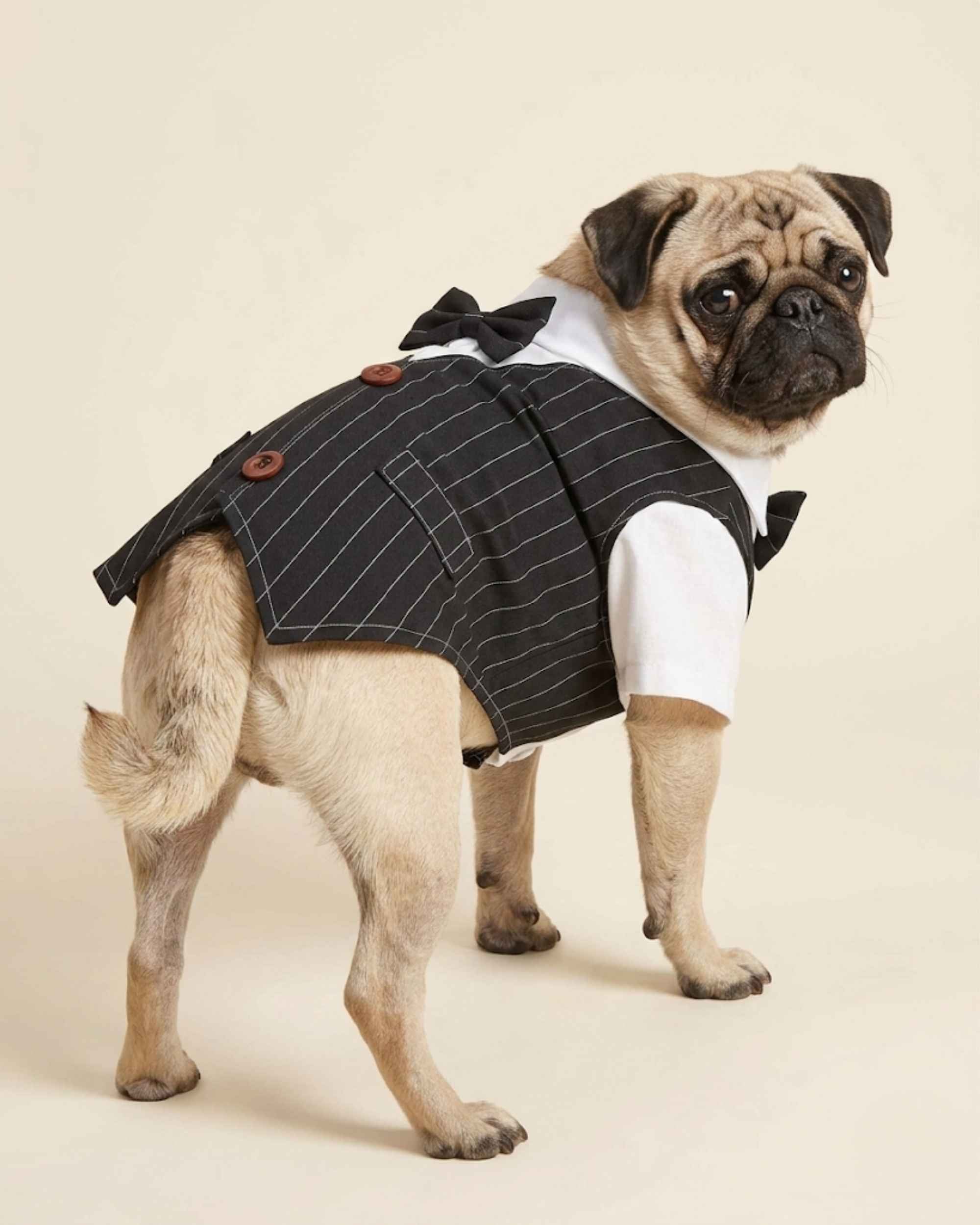 Pug wearing the midnight black pinstripe pet waistcoat, showing its back bow tie, brown buttons and tailored pocket detail