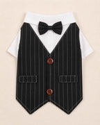 Front flat lay of the midnight black pinstripe pet waistcoat with matching bow tie, white shirt, brown buttons and faux pockets