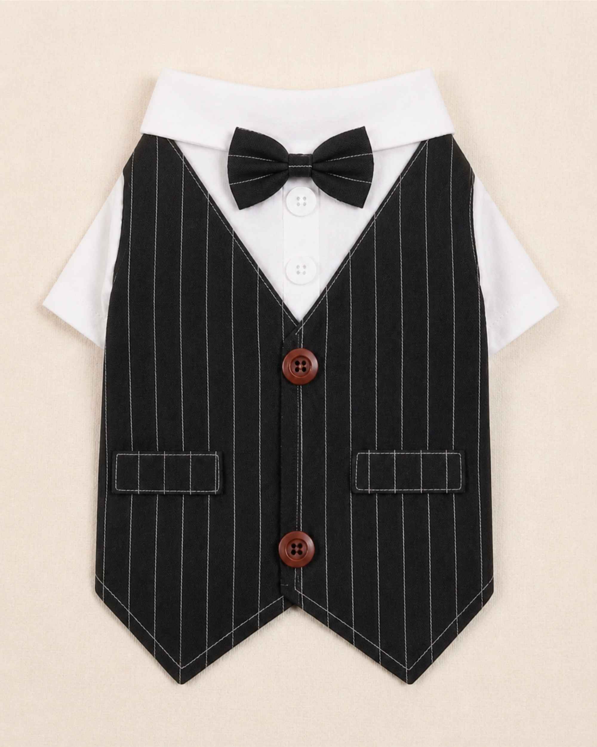Front flat lay of the midnight black pinstripe pet waistcoat with matching bow tie, white shirt, brown buttons and faux pockets