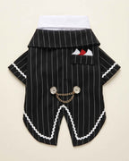 Back flat lay of the Midnight Black pinstripe pet tailcoat with pocket square, chain and white-trimmed split tails