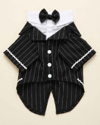 Front flat lay of the Midnight Black pinstripe pet tailcoat with bow tie, white collar, sleeves and three snap buttons