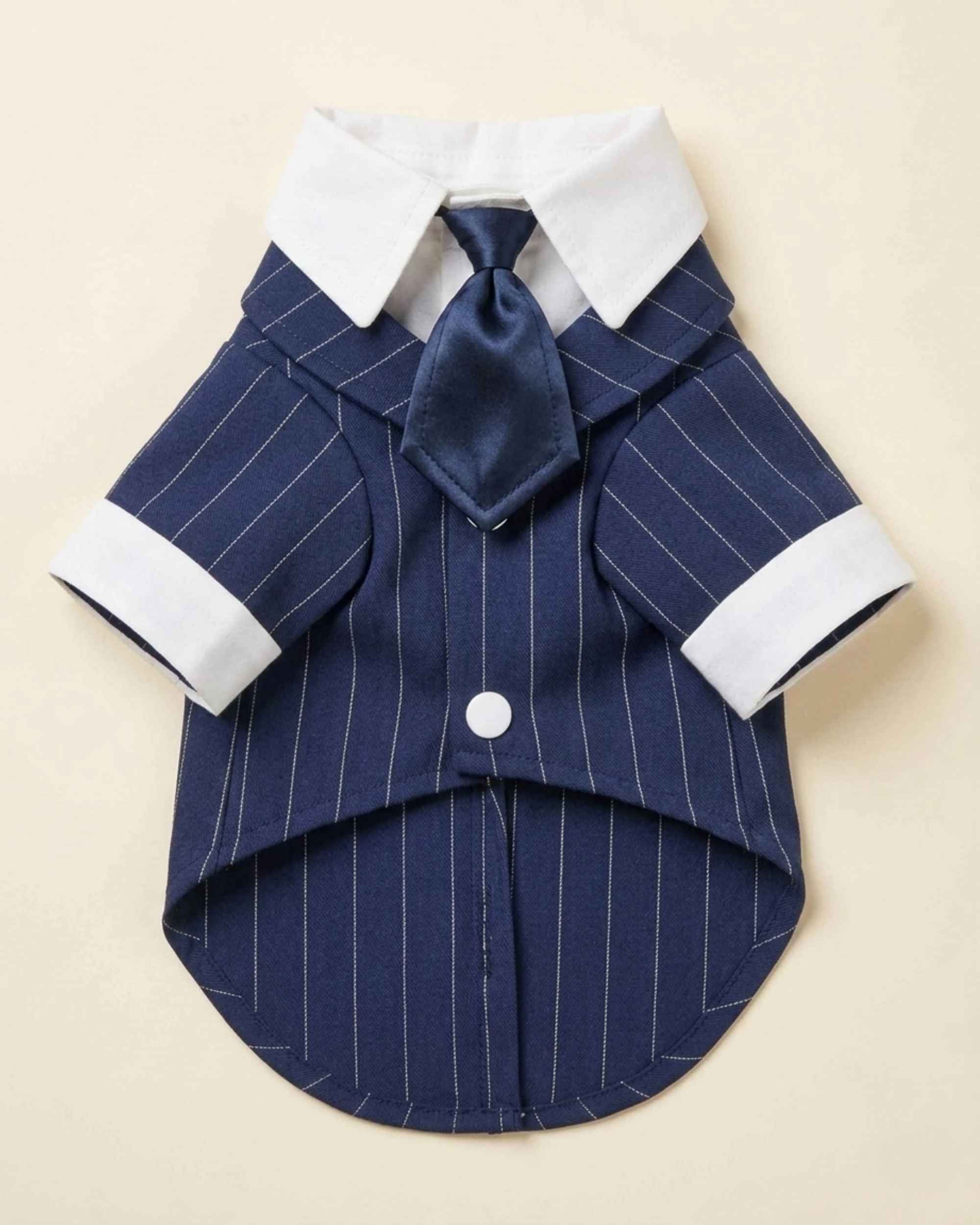 Front flat lay of the Navy Blue pet suit with matching satin necktie, white pointed collar, cuffs and fine pinstripes