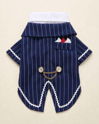 Back flat lay of the Navy Blue pinstripe pet tailcoat with pocket detail, decorative chain and split tails