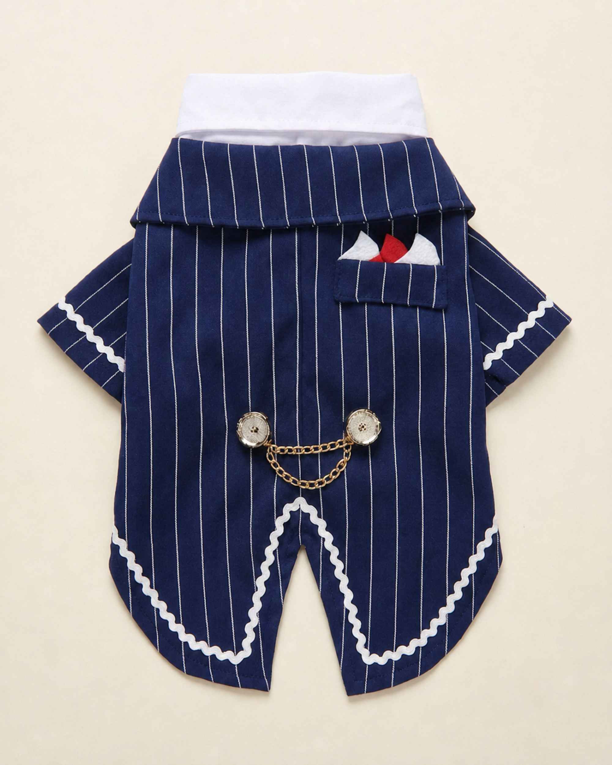 Back flat lay of the Navy Blue pinstripe pet tailcoat with pocket detail, decorative chain and split tails