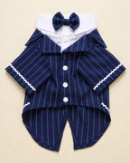 Front flat lay of the Navy Blue pinstripe pet tailcoat with matching bow tie, white collar and snap buttons