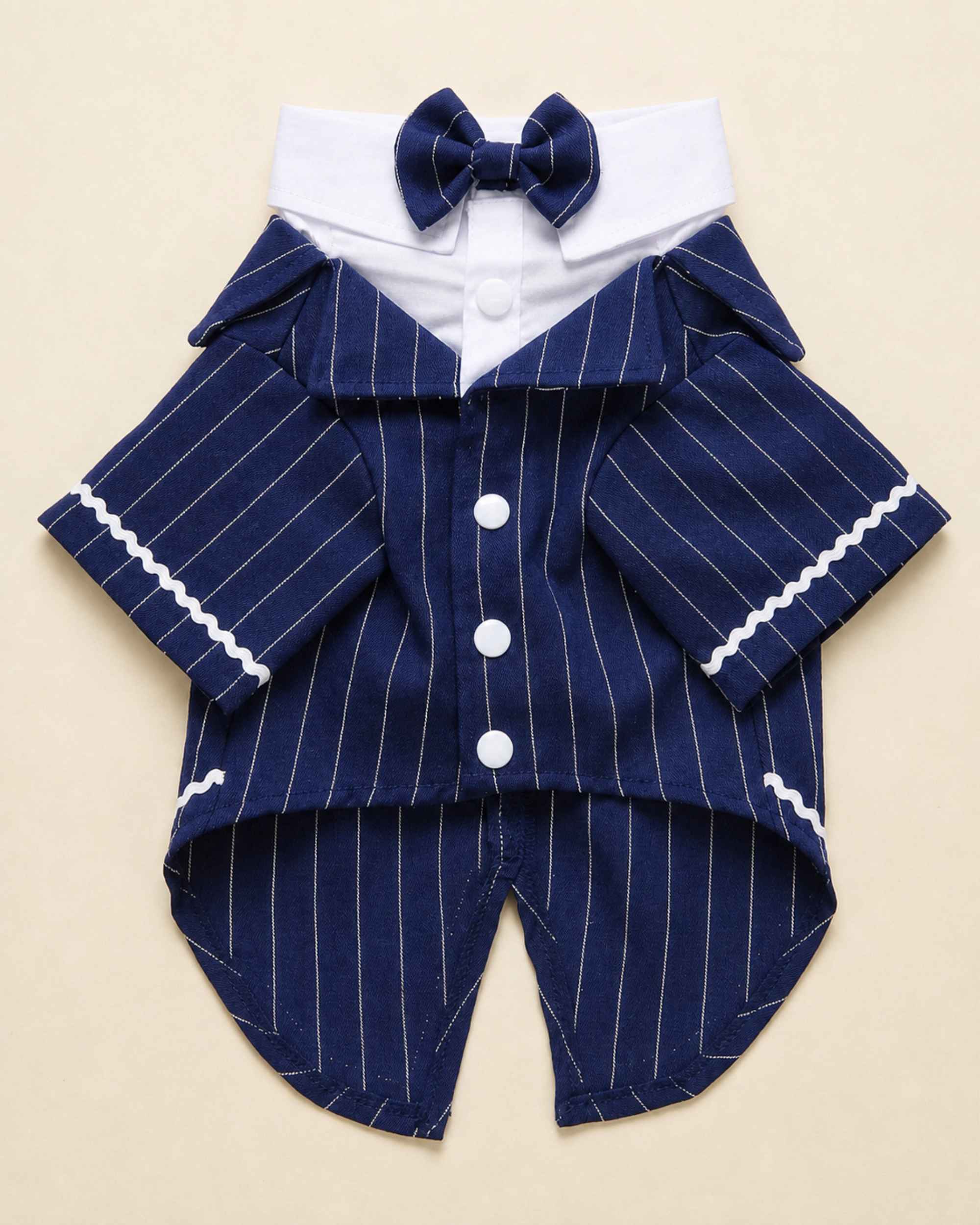 Front flat lay of the Navy Blue pinstripe pet tailcoat with matching bow tie, white collar and snap buttons