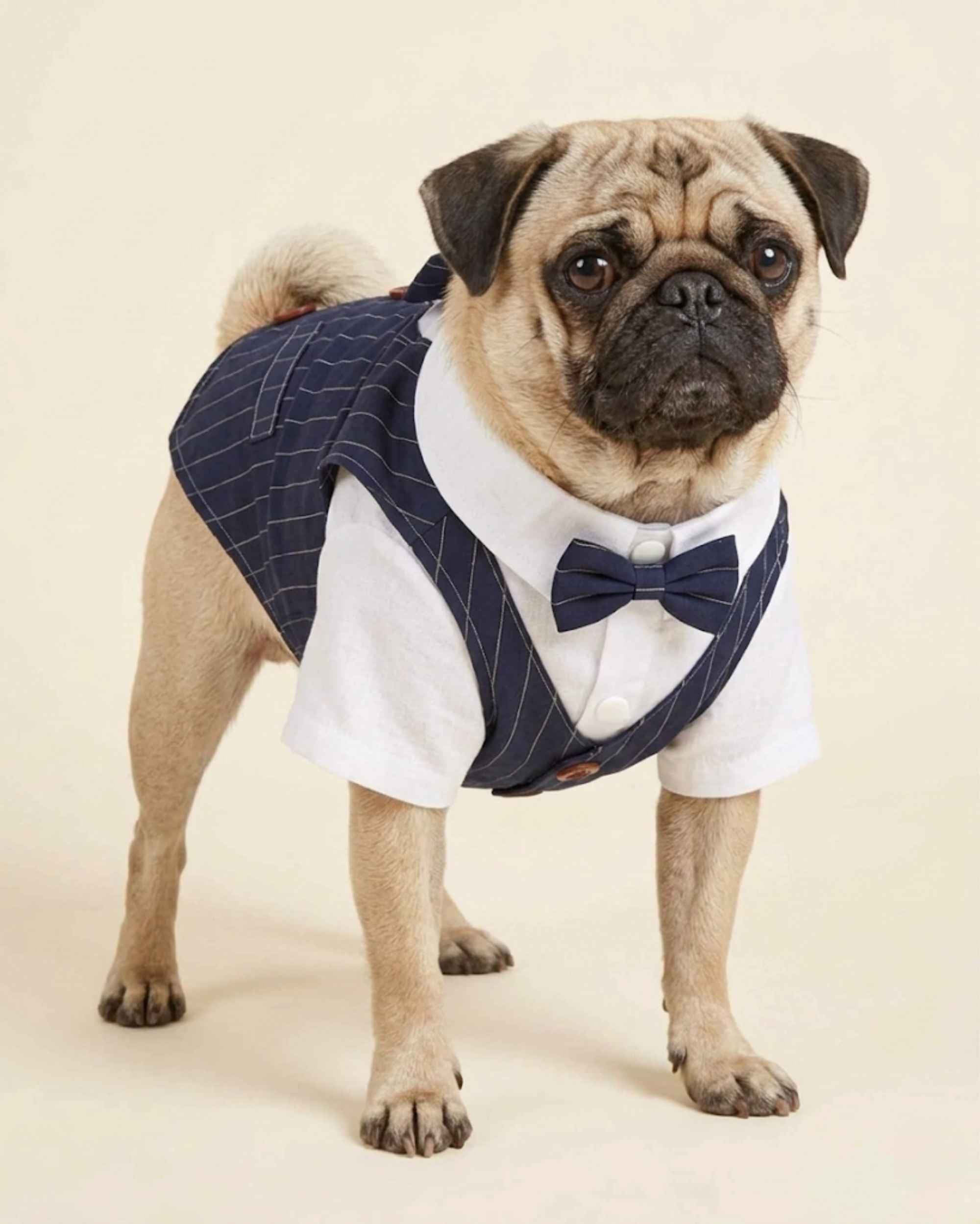 Front three-quarter view of a pug wearing the navy pinstripe pet waistcoat with white shirt, bow tie and tailored lapels