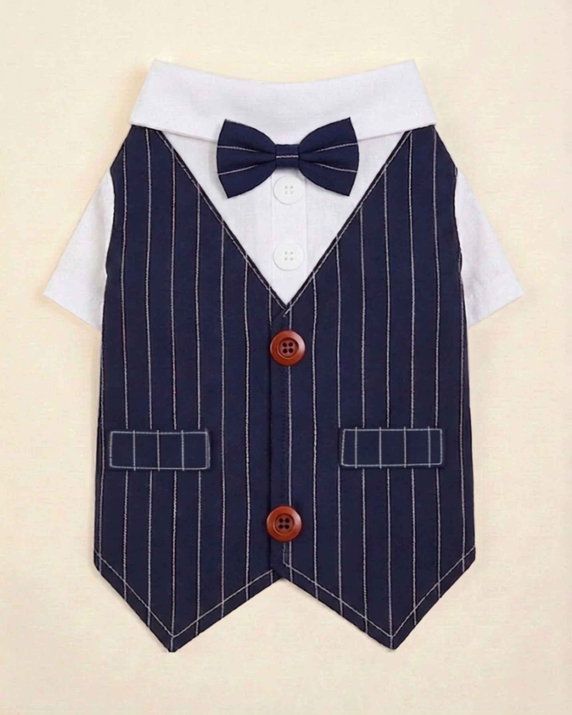 Front flat lay of the navy pinstripe bow tie pet waistcoat with white shirt, two brown buttons, faux pockets and pointed hem