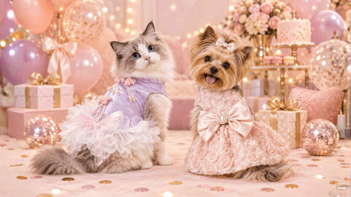 Small dogs wearing elegant Pet2Cute party dresses with floral details, bows, lace and layered tulle