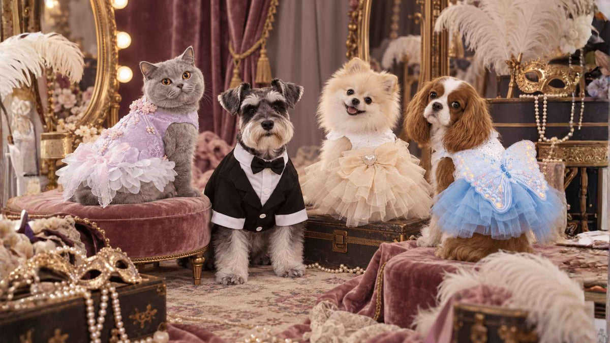 Dogs and cats wearing Pet2Cute costumes and formal outfits, including a tuxedo, party dress and butterfly dress