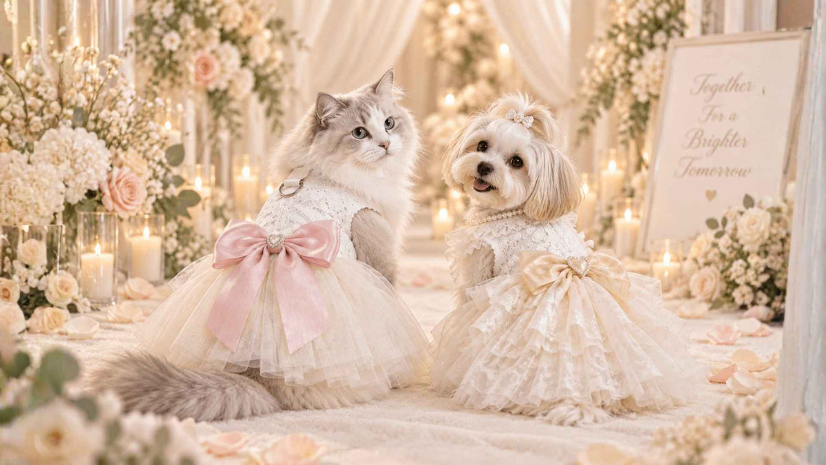 Cat and small dog wearing elegant Pet2Cute wedding dresses with lace, tulle, pearl details and satin bows