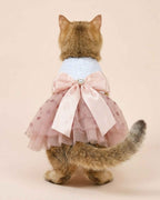 Back view of a golden cat wearing the pink heart-print tulle pet dress with oversized satin bow and heart jewel