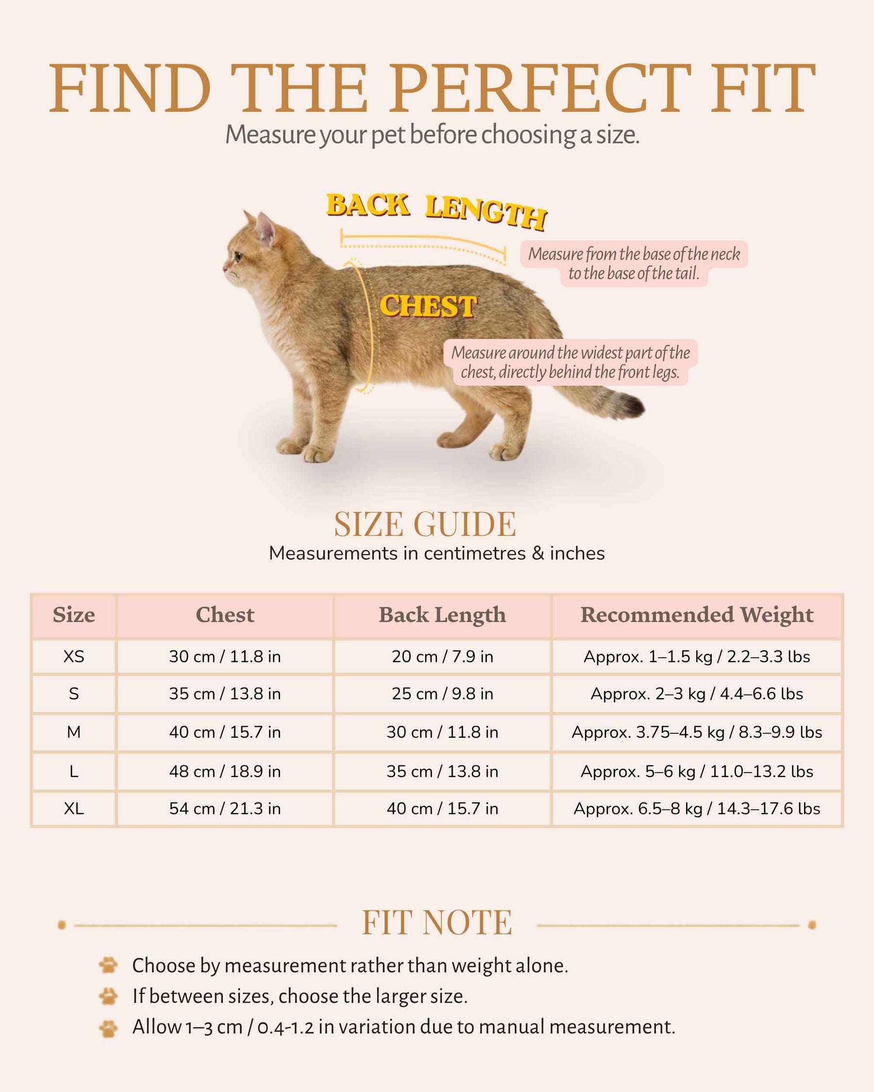 Pet dress size guide with chest, back length and recommended weight measurements for sizes XS to XL