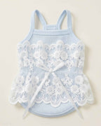 Product flat lay of the Powder Blue Floral Lace Pet Dress featuring the horizontal tiered lace trim.