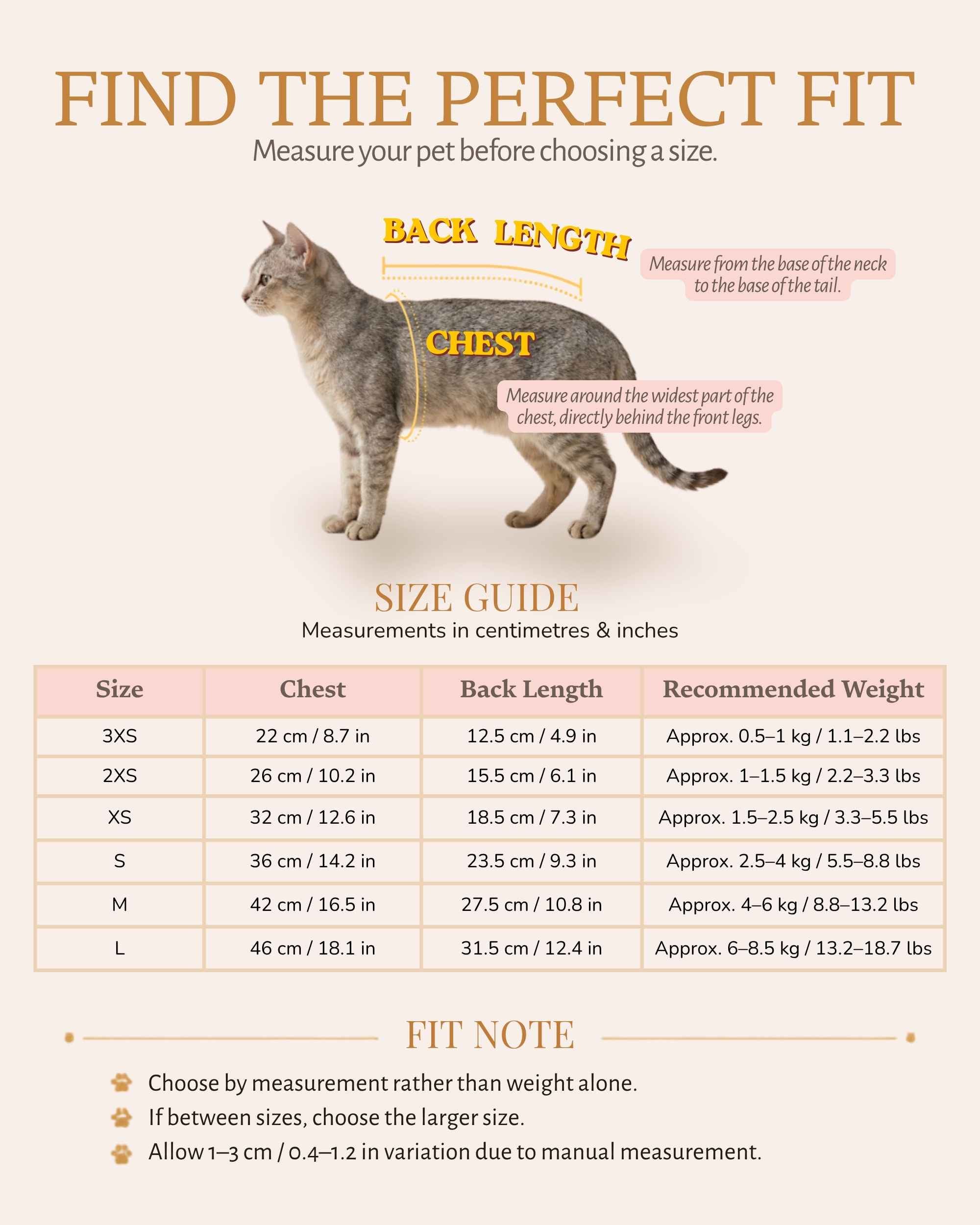 Size chart and measurement guide for pet apparel showing chest girth, back length, and recommended weights.
