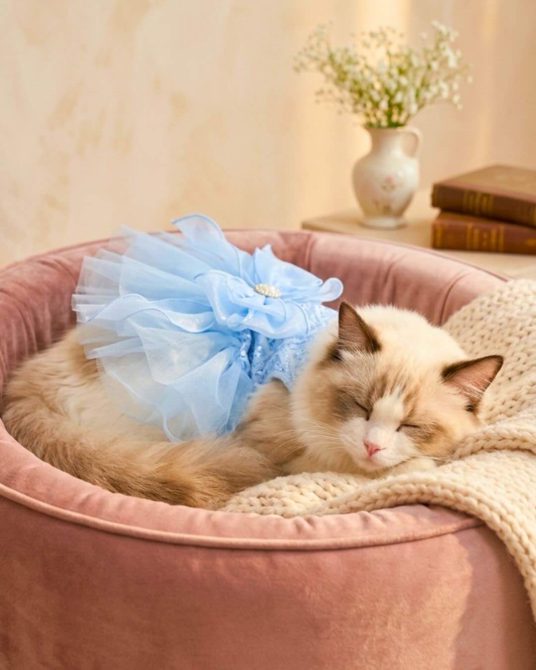 Ragdoll cat sleeping comfortably in a soft blue tulle pet dress