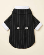 Back flat lay of the Midnight Black pinstripe pet suit with white cuffs, curved hem and two decorative silver buttons