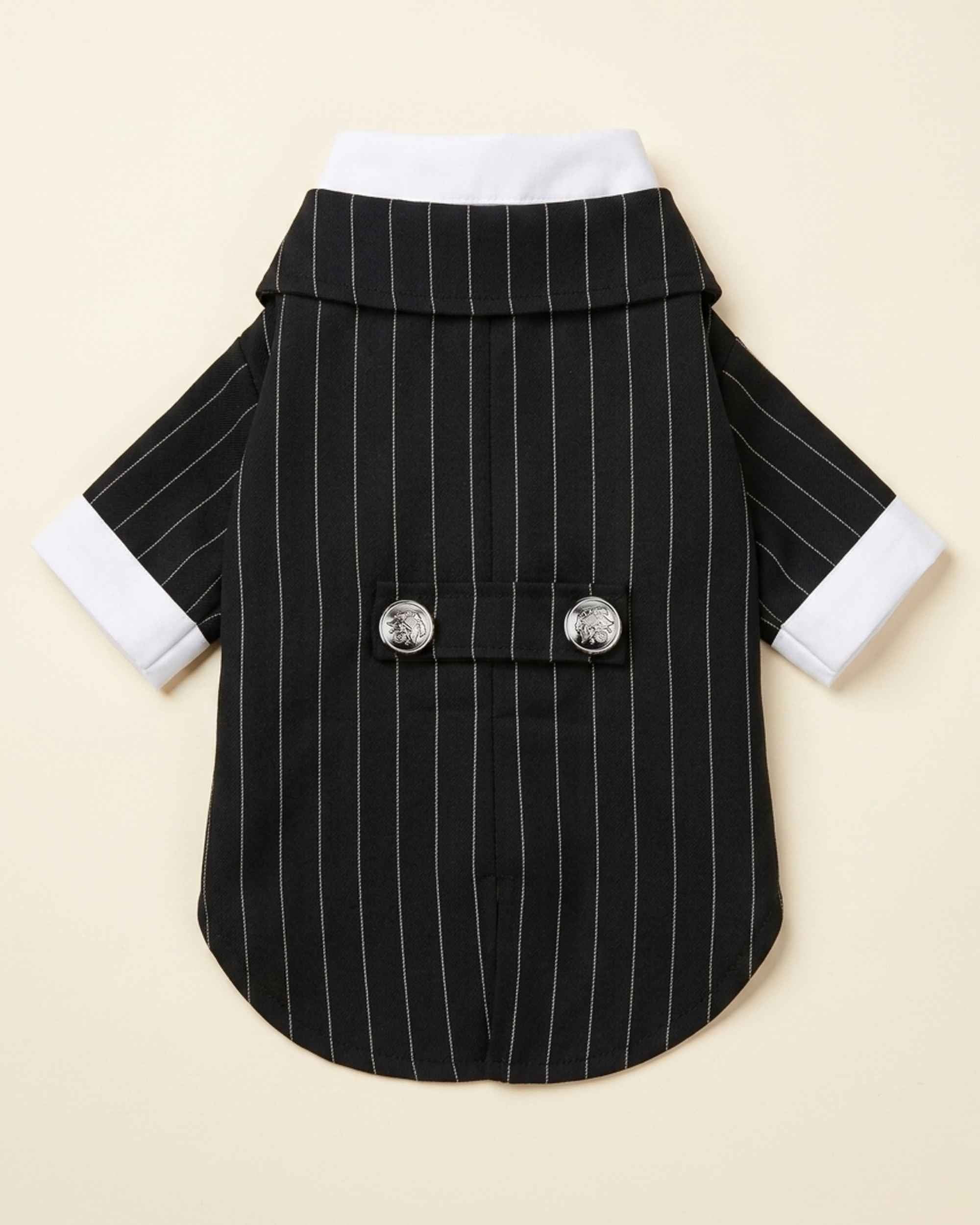 Back flat lay of the Midnight Black pinstripe pet suit with white cuffs, curved hem and two decorative silver buttons