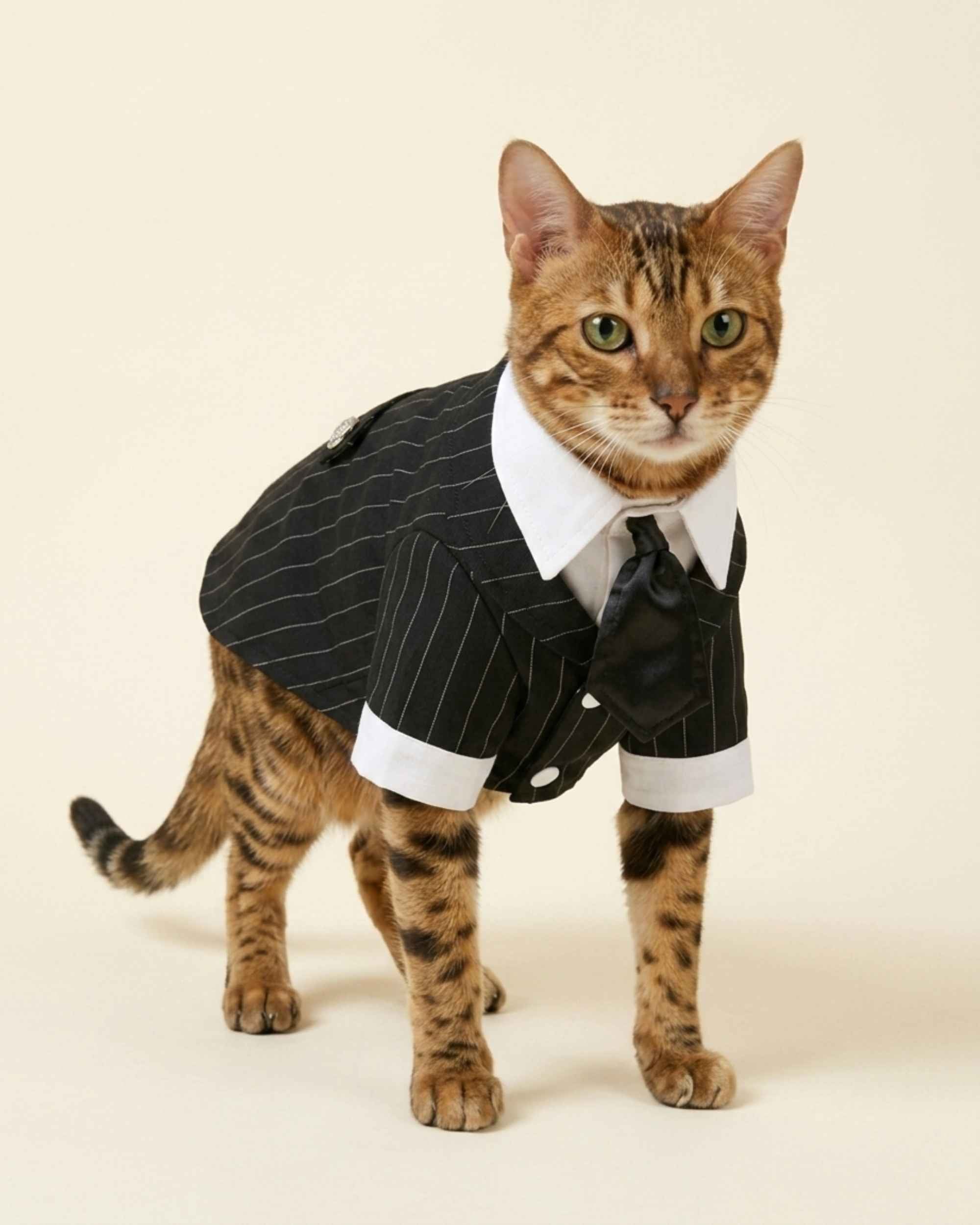 Front view of a Bengal cat wearing a black pinstripe pet suit with white collar, cuffs and attached black necktie