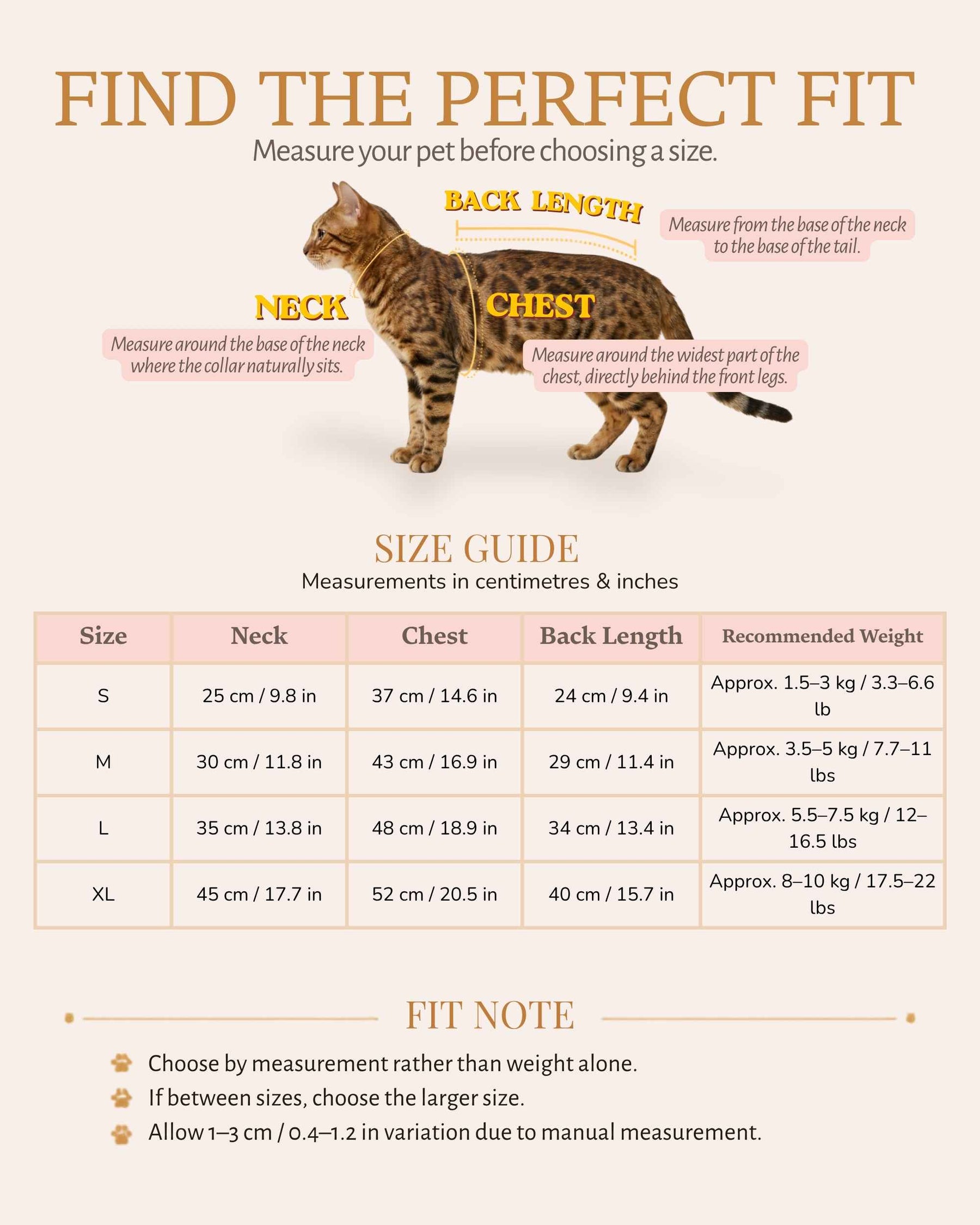 Pet dress size guide with chest, back length and recommended weight measurements for sizes XS to XL