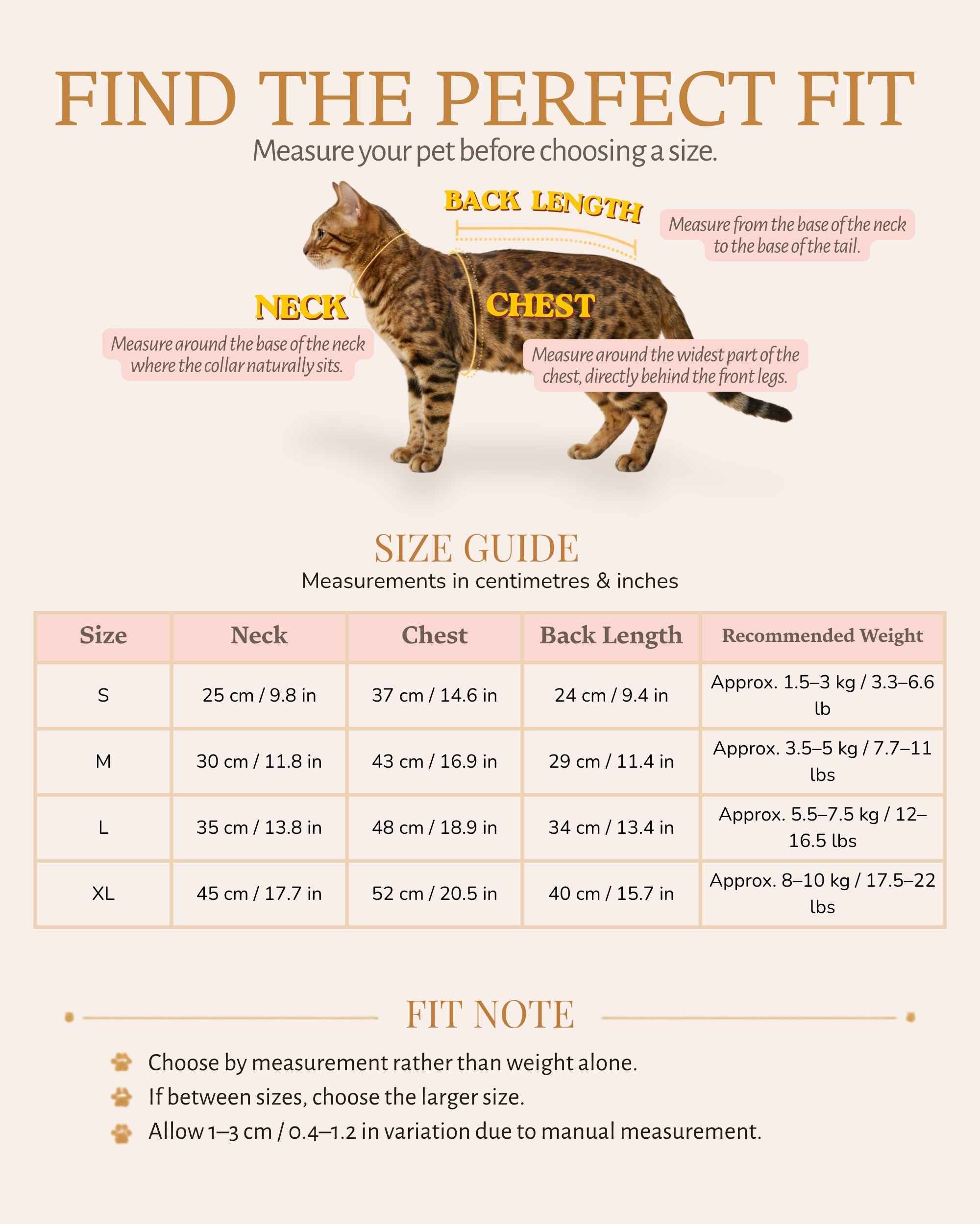 Size guide for the Regent Pinstripe Necktie Pet Suit with neck, chest and back-length measurements from S to XL
