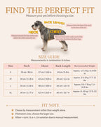 Pet tailcoat measuring guide and size chart for neck, chest, back length and recommended weight in metric and imperial units