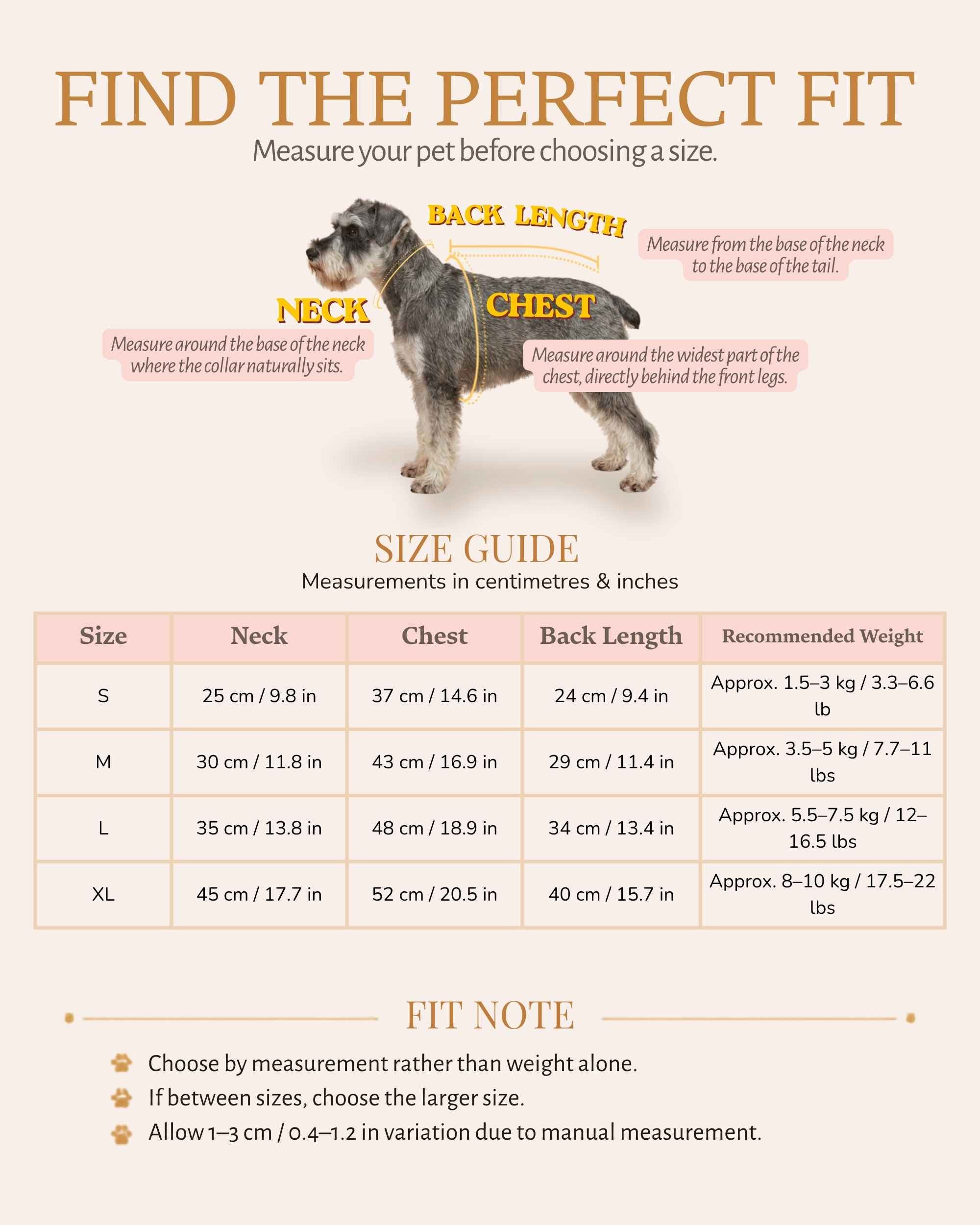 Pet tailcoat measuring guide and size chart for neck, chest, back length and recommended weight in metric and imperial units