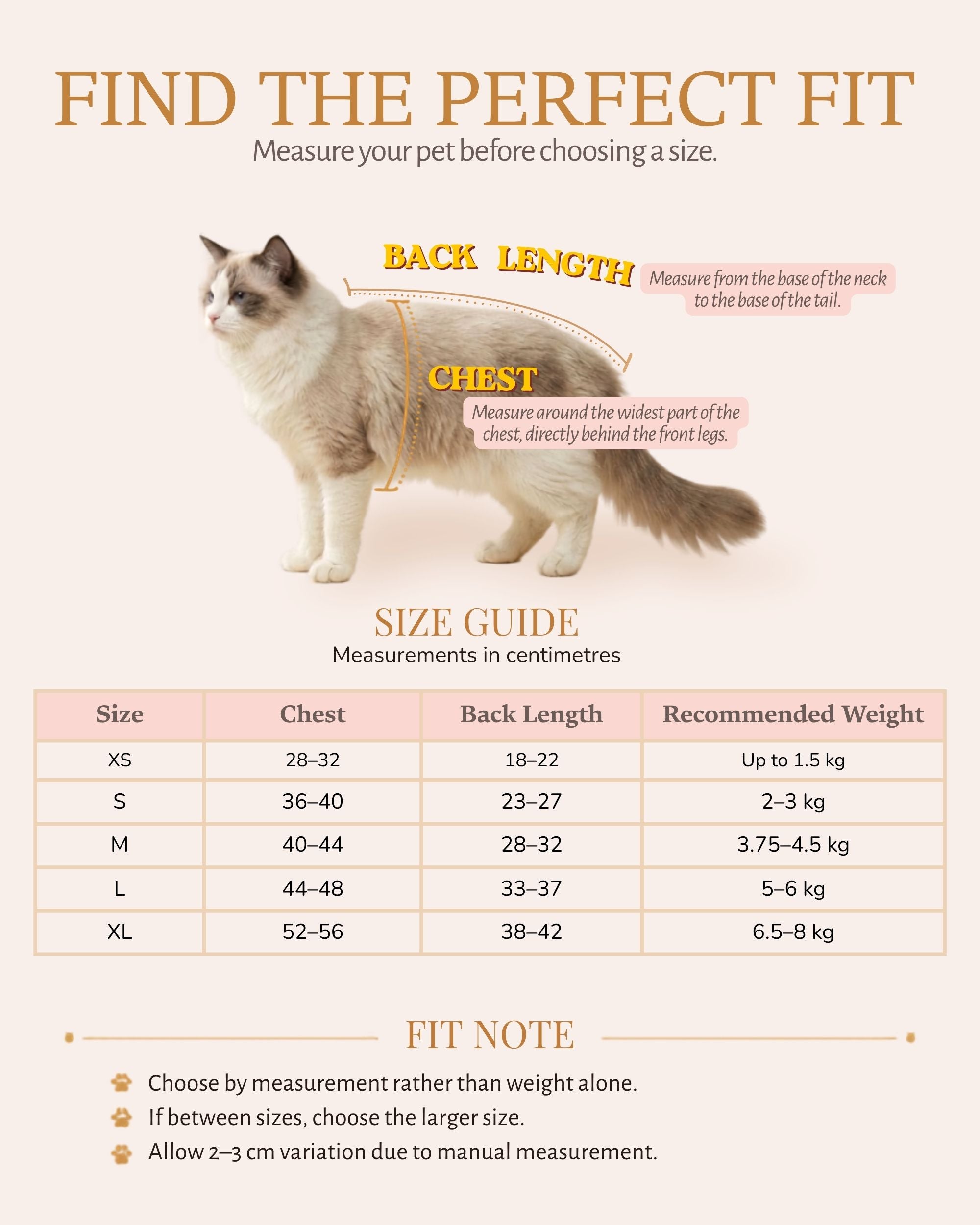 Size guide for the Enchanted Aqua Satin Pet Dress showing how to measure a cat’s chest and back length with measurements from XS to XL