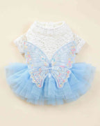 Back flat lay of a white lace pet dress with embroidered butterfly wings and a blue tulle skirt.