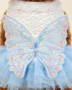 Close-up of pastel embroidered butterfly wings on a white lace and blue tulle pet dress.