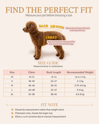 Pet dress size guide showing how to measure chest girth and back length for a dog.