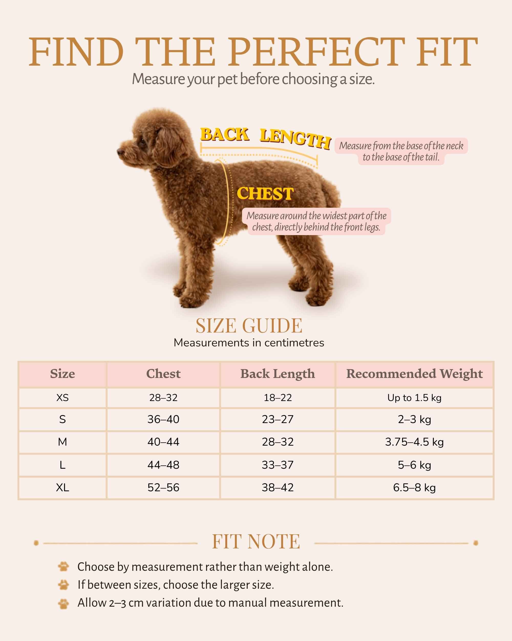 Pet dress size guide showing how to measure chest girth and back length for a dog.