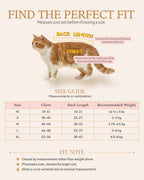 Pet dress size guide showing chest girth, back length and suggested weight measurements for sizes XS to XL.