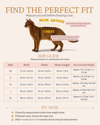 Size guide for the sky blue pet harness dress showing how to measure neck, chest and back length for sizes XS to XL