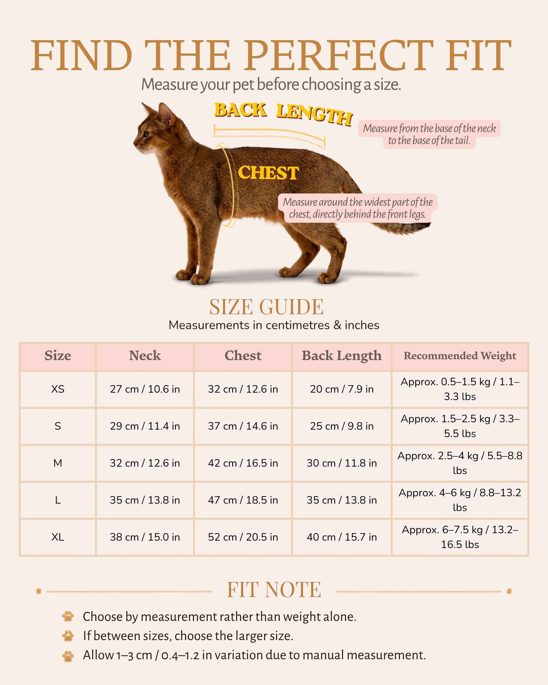 Pet dress size guide with chest, back length and recommended weight measurements for sizes XS to XL