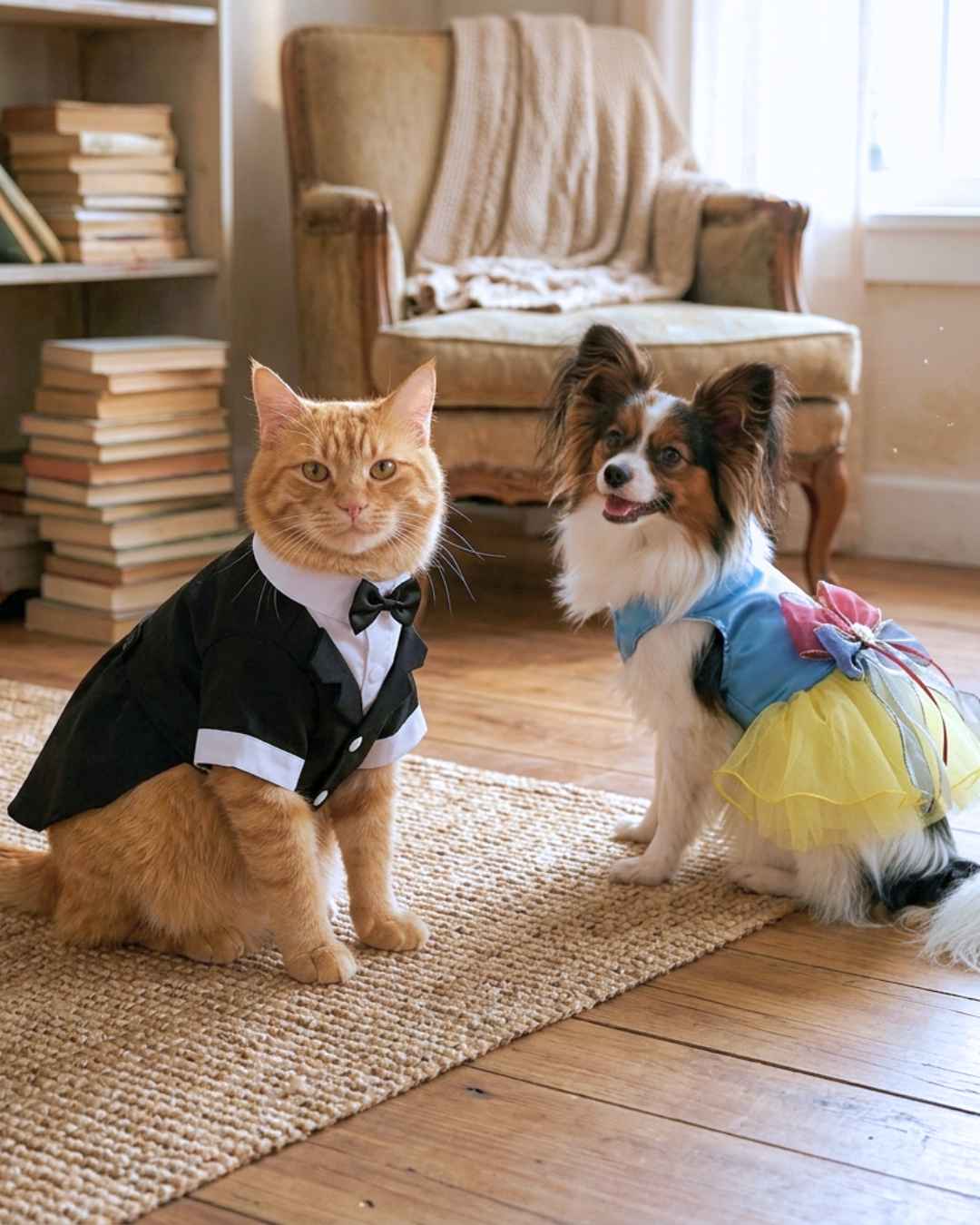 Ginger cat wearing a black pet tuxedo and a small dog wearing a princess dress sitting together in a cozy room.